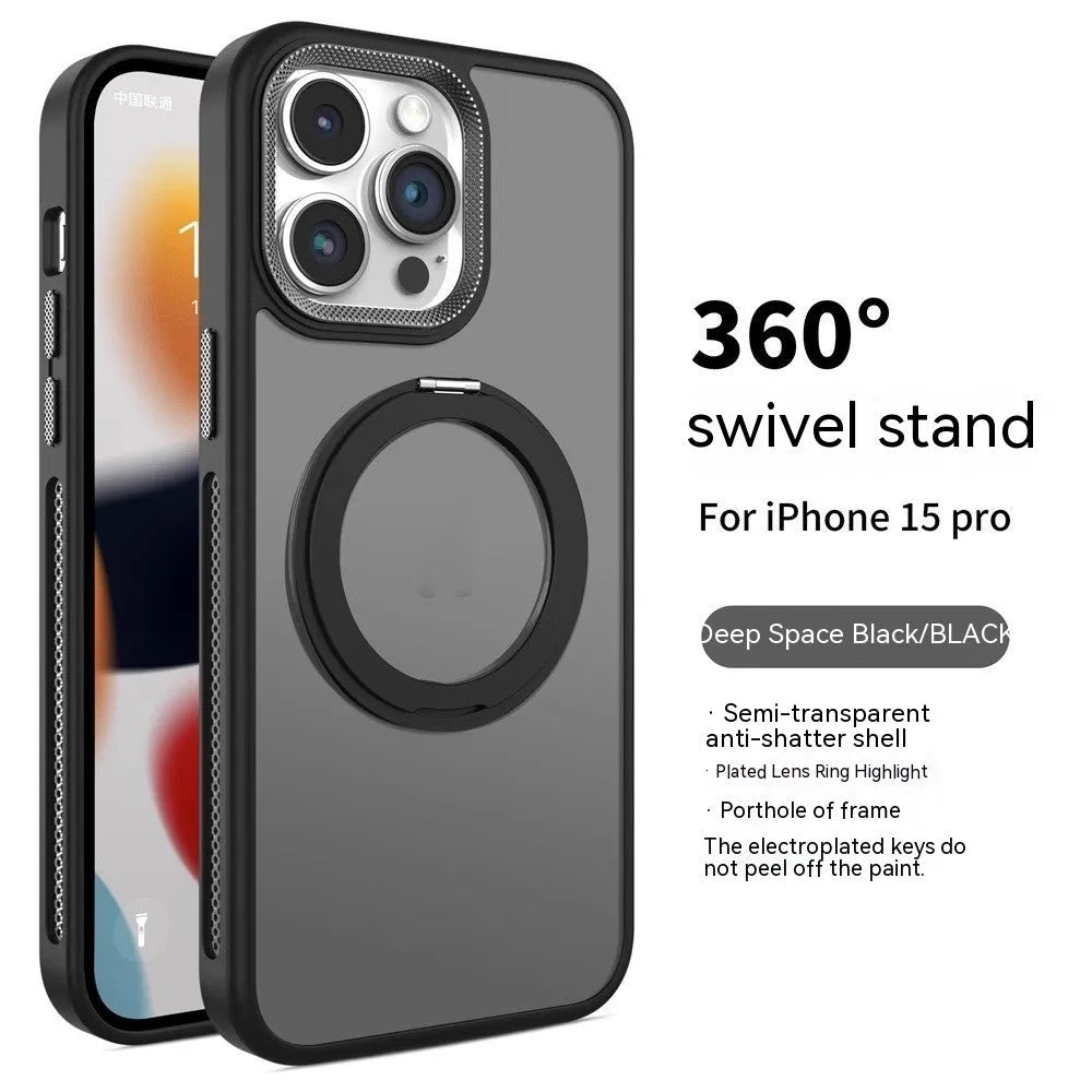 Frosted silicone iPhone case with a rotating stand extended and a magnetic ring on the back.