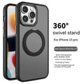 Frosted silicone iPhone case with a rotating stand extended and a magnetic ring on the back.