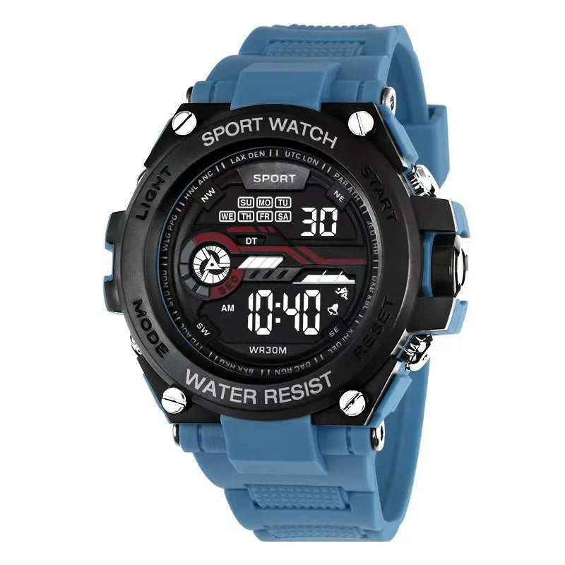 Fashion electronic watch for teenagers available in 10 colours including black, blue, pink, white, green, purple, red, yellow, orange, and silver