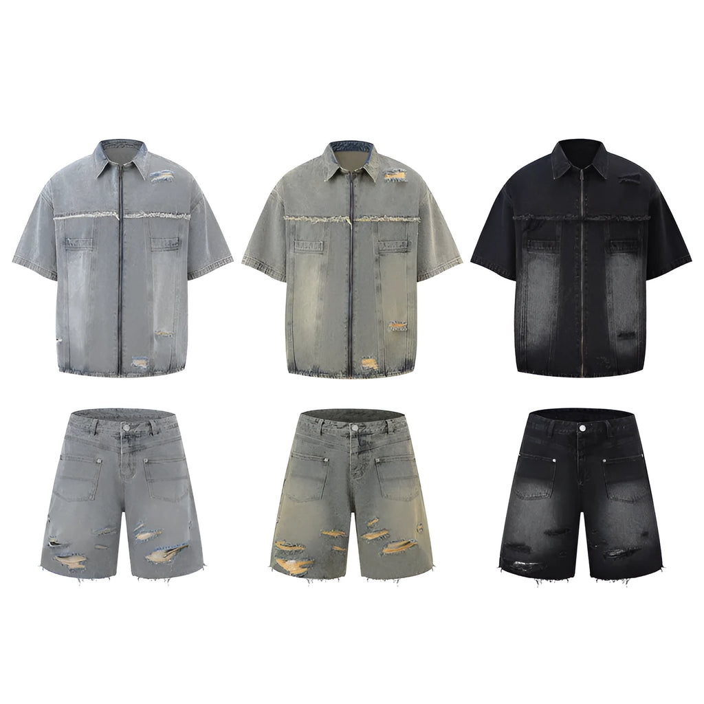 Denim overall suit matching set with short sleeve top and trousers in street style loose fit