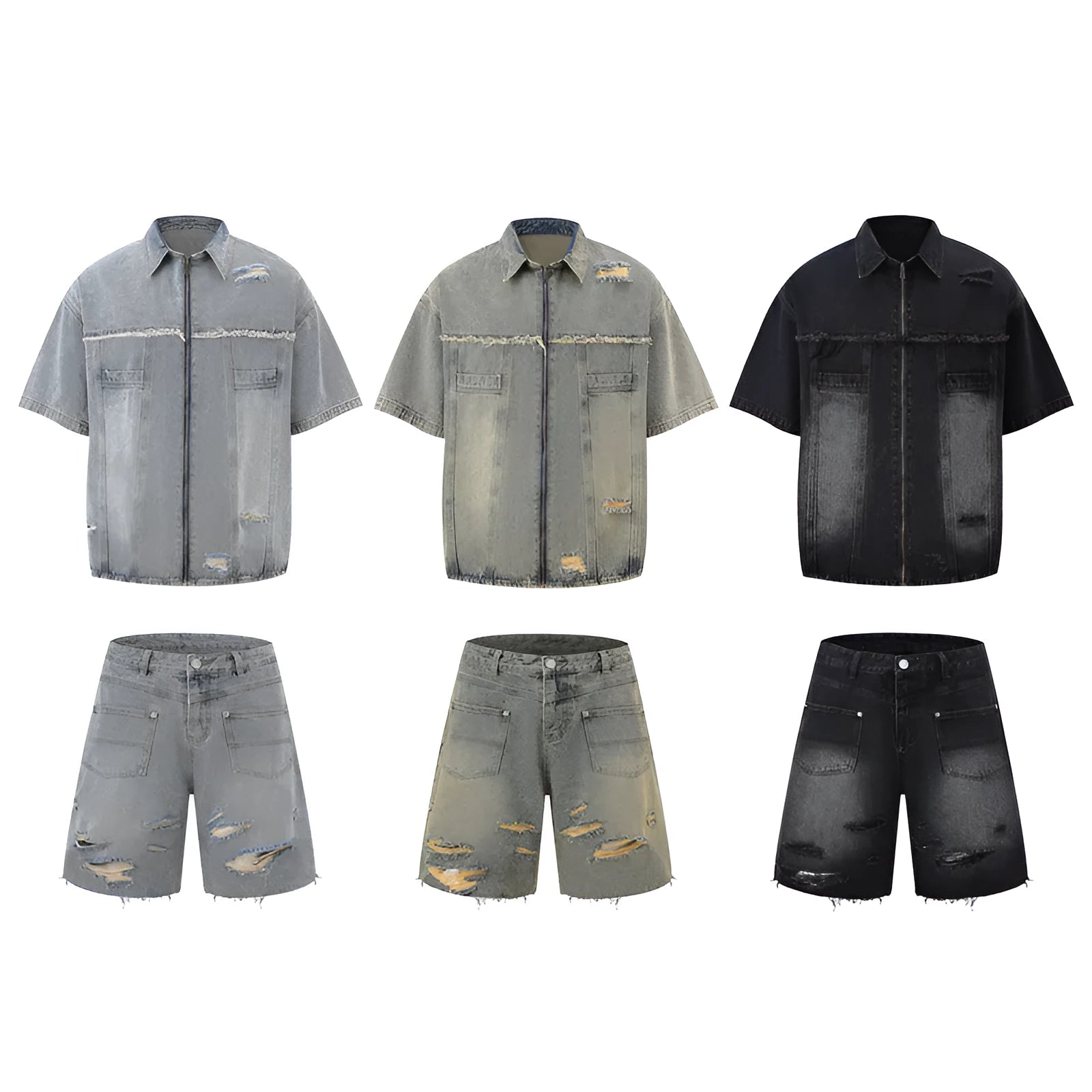Denim overall suit matching set with short sleeve top and trousers in street style loose fit