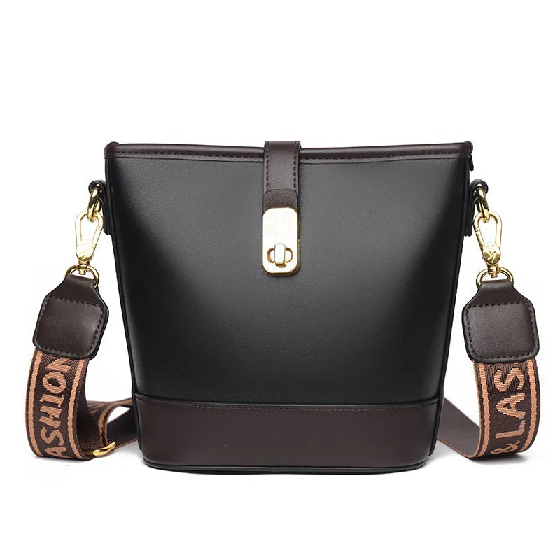 Korean fashion bucket bag in black PU leather with double shoulder straps and organised interior compartments