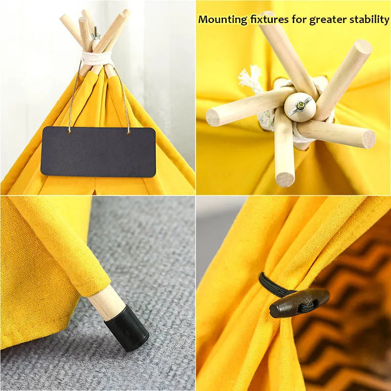 Striped flax linen pet teepee tent with removable cushion for small dogs and cats