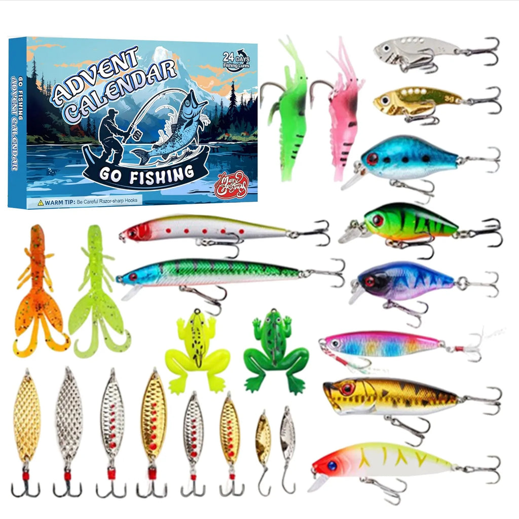 Christmas Advent Calendar Fishing Gear Set in 14x9x1.5 inch box with holiday packaging