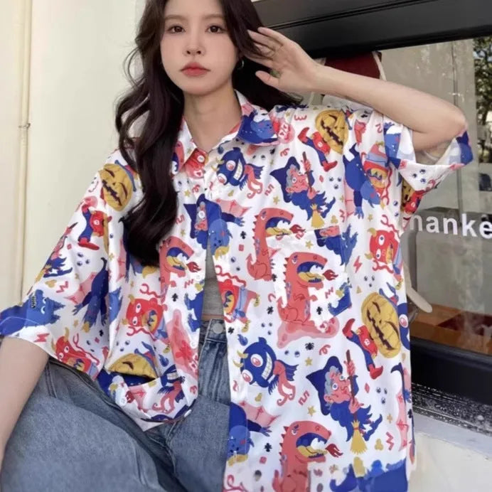 Women's summer retro full printed short-sleeved shirt in loose fit polyester, shown in picture colour