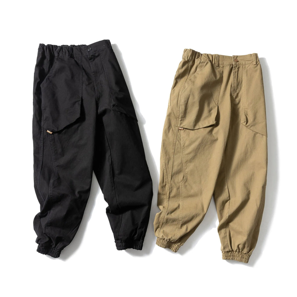 Cotton tapered casual pants with large pockets in Japanese retro style with ankle ties