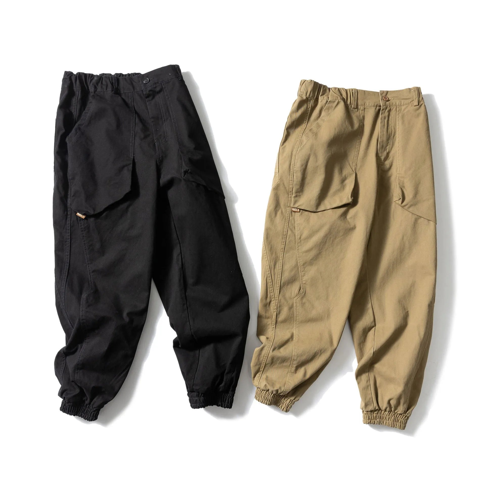 Cotton tapered casual pants with large pockets in Japanese retro style with ankle ties