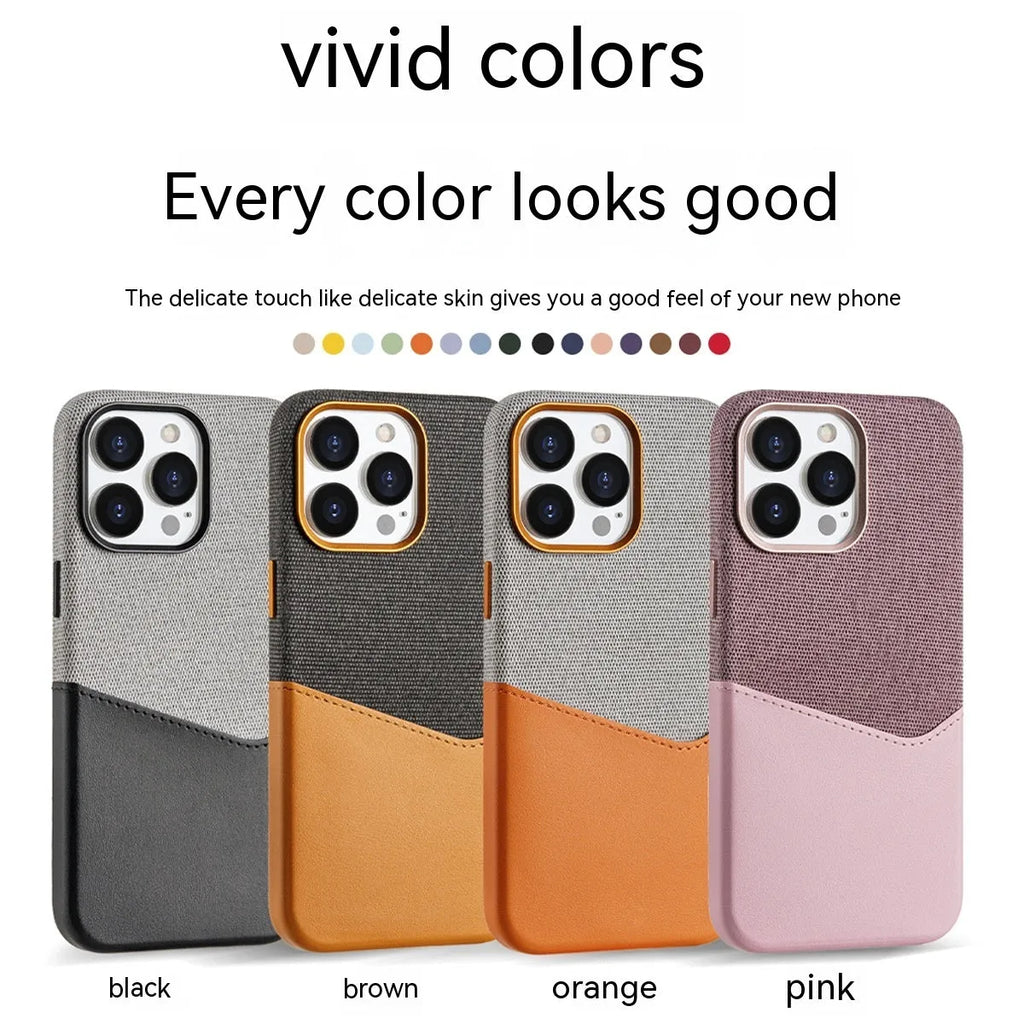 Leather magnetic card phone case in orange colour matching with card holder on back for iPhone