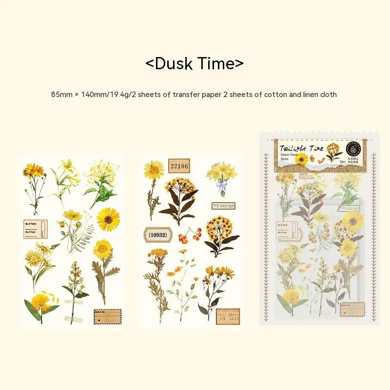Huazhisen forest art sticker pack showing six colour designs on transfer and cotton linen paper sheets