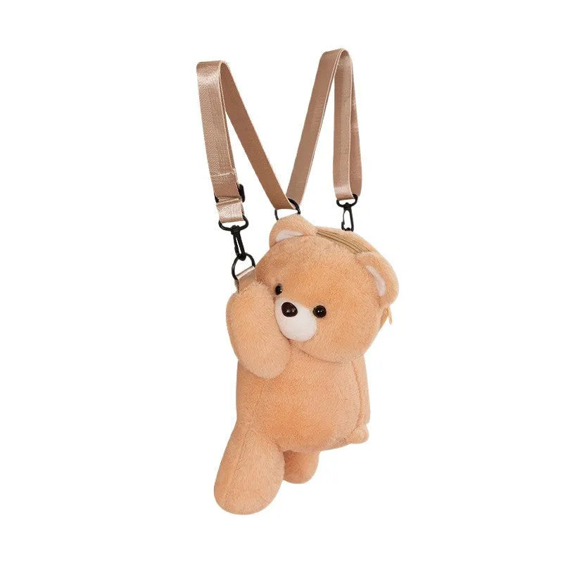 Cartoon bear lying-down plush doll crossbody bag in solid colour with airpillow straps