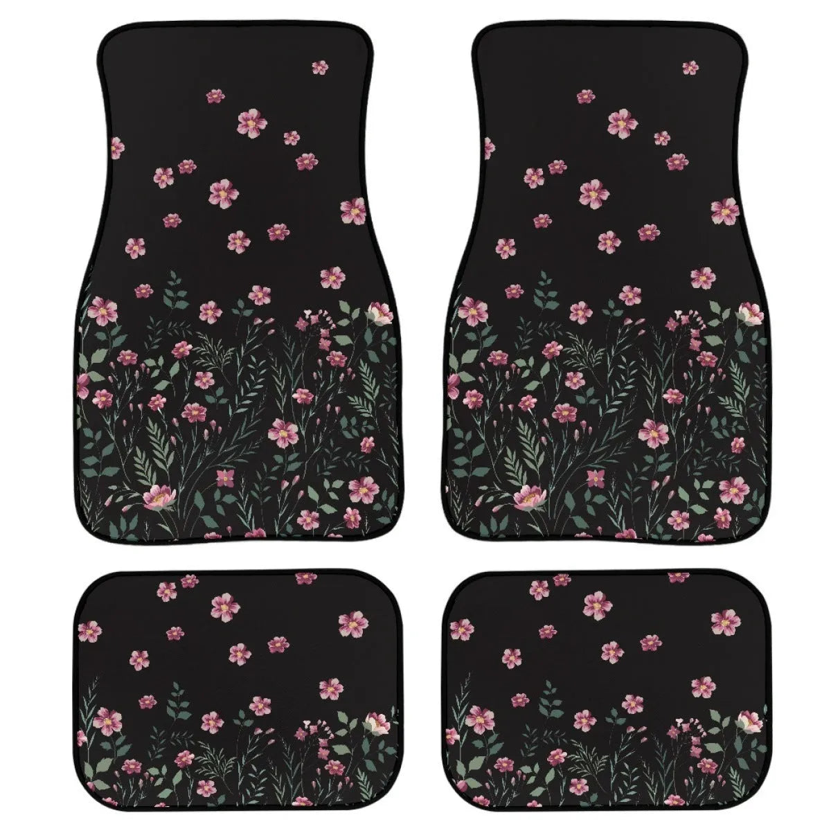 Black rubber car floor mat set with waterproof lining, four-piece suit for vehicle footwells.