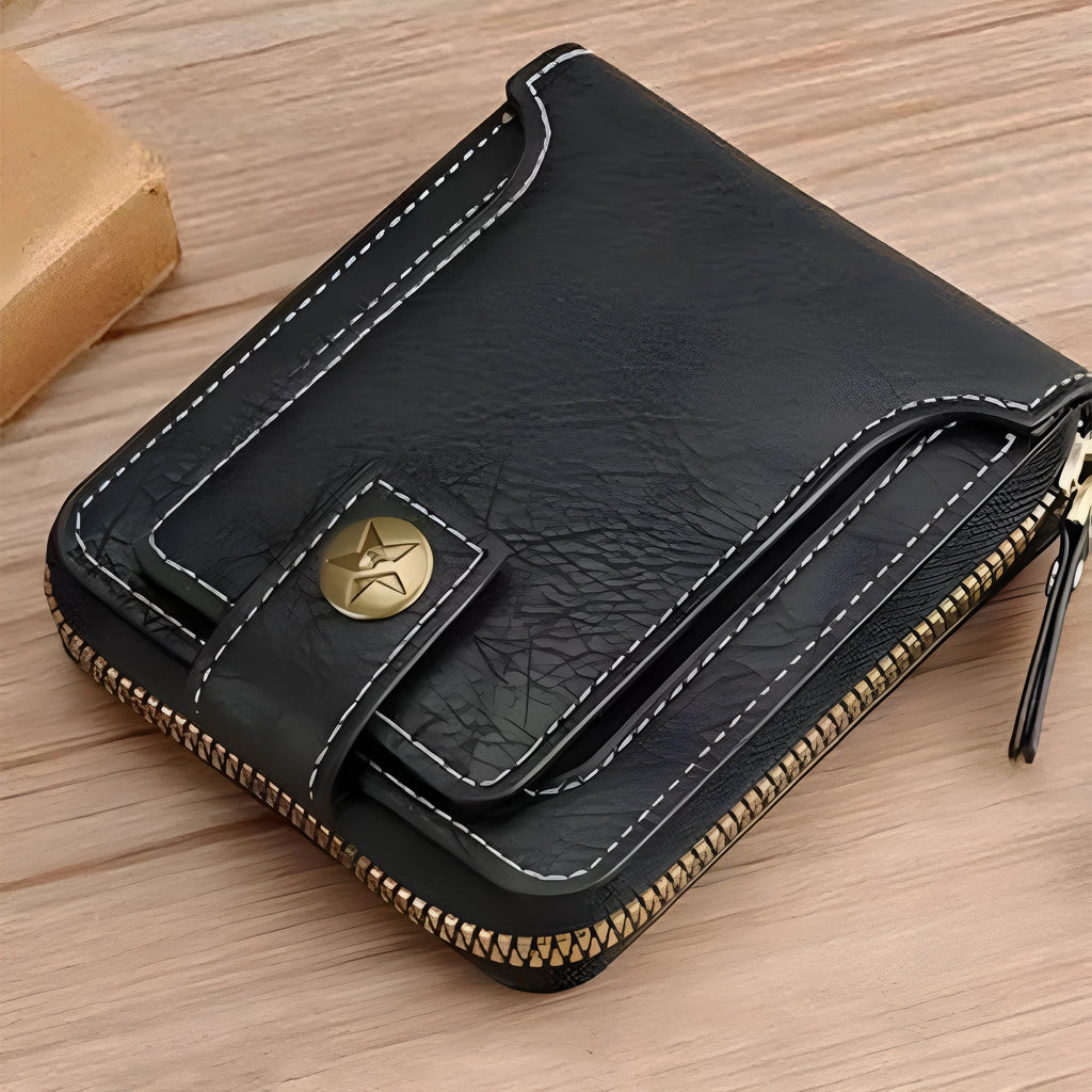 Men's short style two-fold wallet in PU leather showing light brown, black, and dark brown colour options