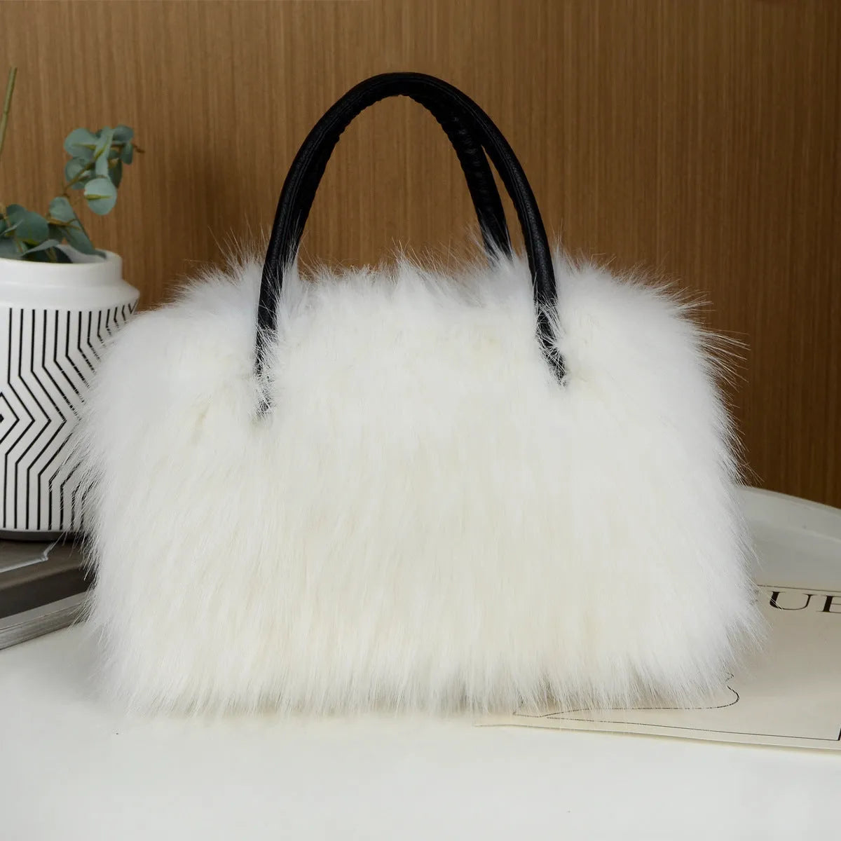 Soft plush handbag shoulder tote with double straps and three-dimensional outer pocket in multiple colours