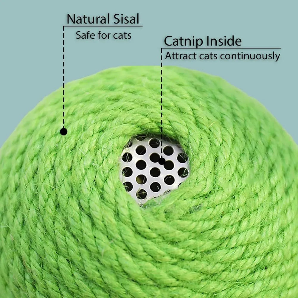 Green cactus-shaped cat scratcher with rolling ball and sisal tree tower for indoor feline play