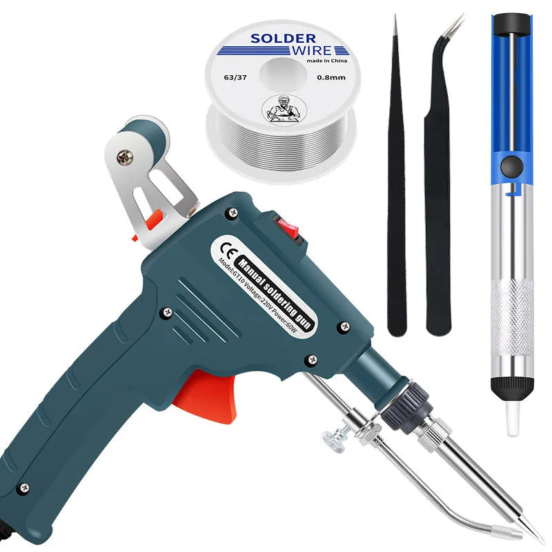 Handheld electric soldering gun with plastic handle, anti-static tweezers, and desoldering tool on a workbench