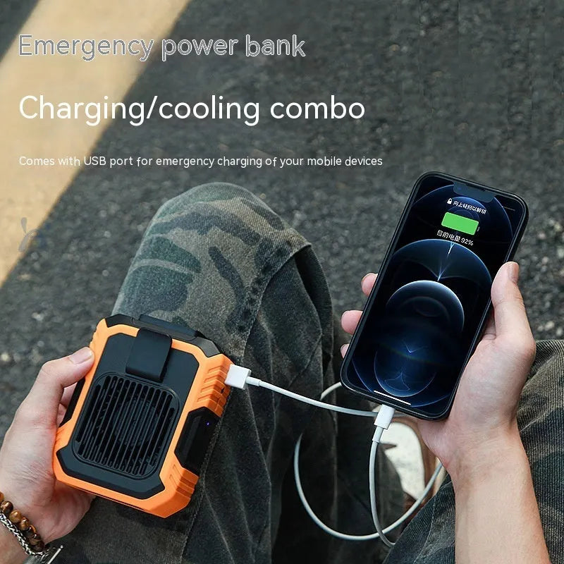 Green wrist hanging fan with light and USB power bank showing three speed settings and wearable design