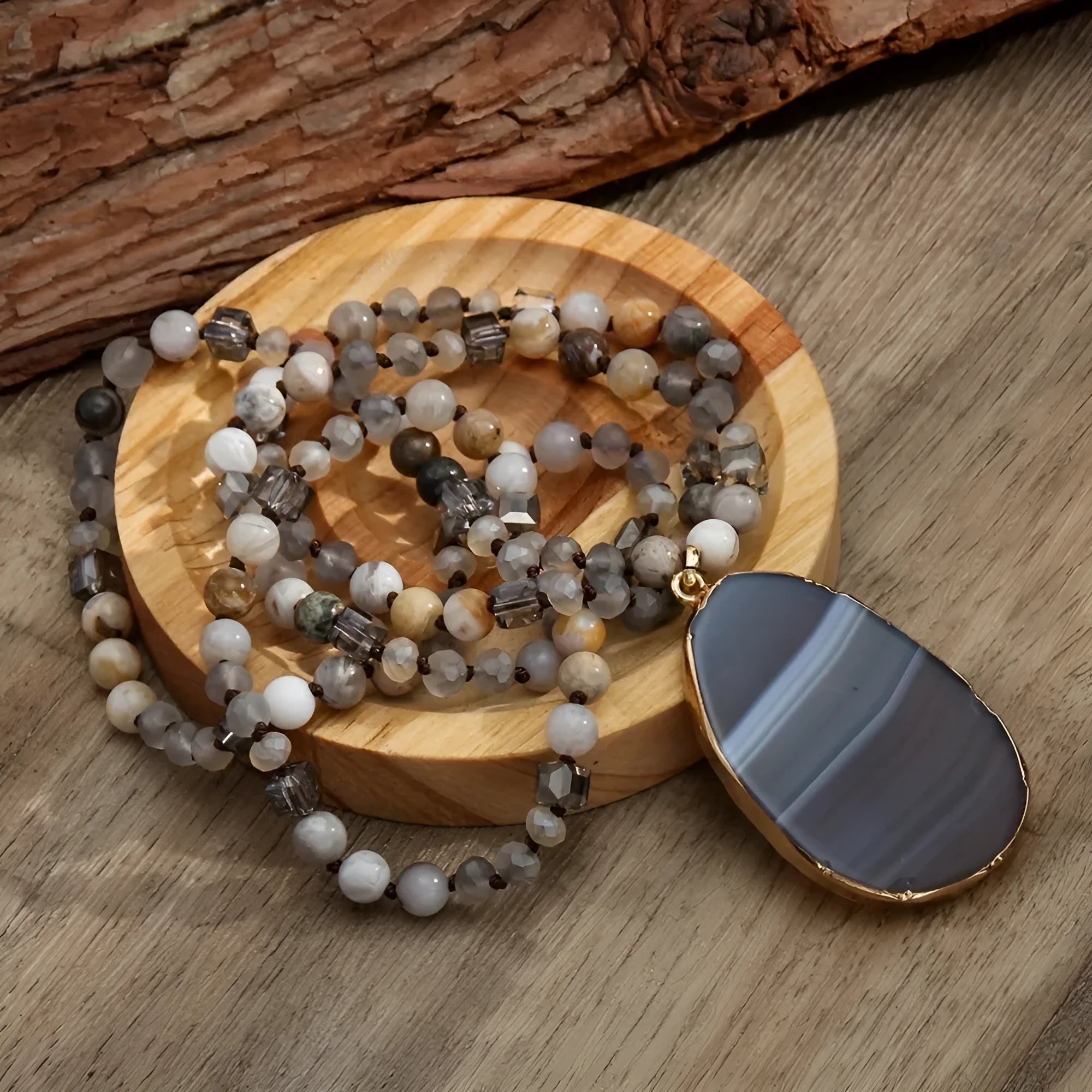 Bohemian natural stone agate water drop pendant necklace with glass beads, available in multiple colours