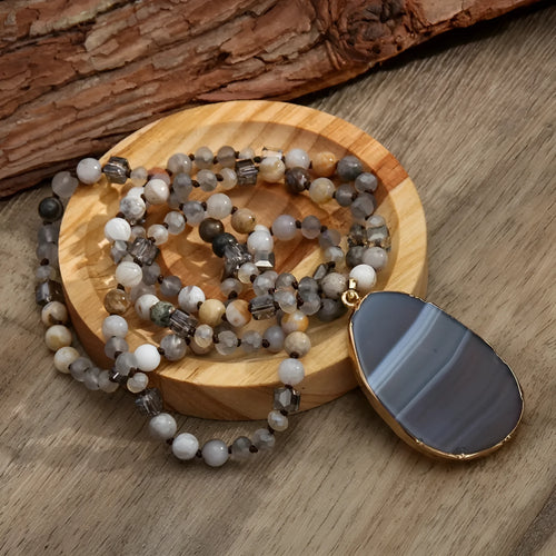 Bohemian natural stone agate water drop pendant necklace with glass beads, available in multiple colours