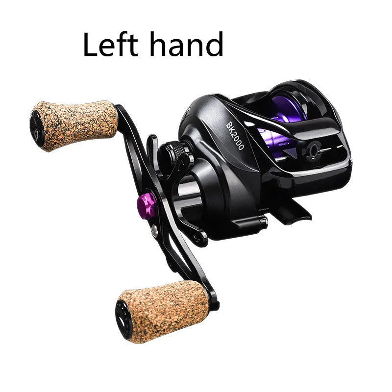 BK water drop wheel fishing reel with ceramic line outlet, metal spool, and cork grip on dark background