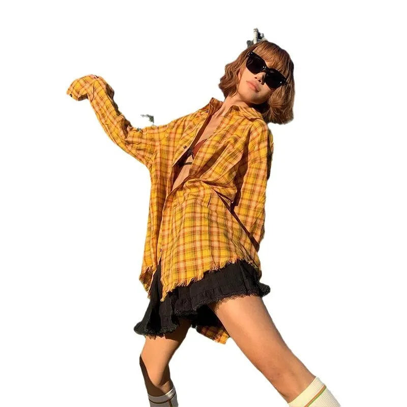 Dopamine yellow plaid shirt with loose cardigan style and polyester blend fabric