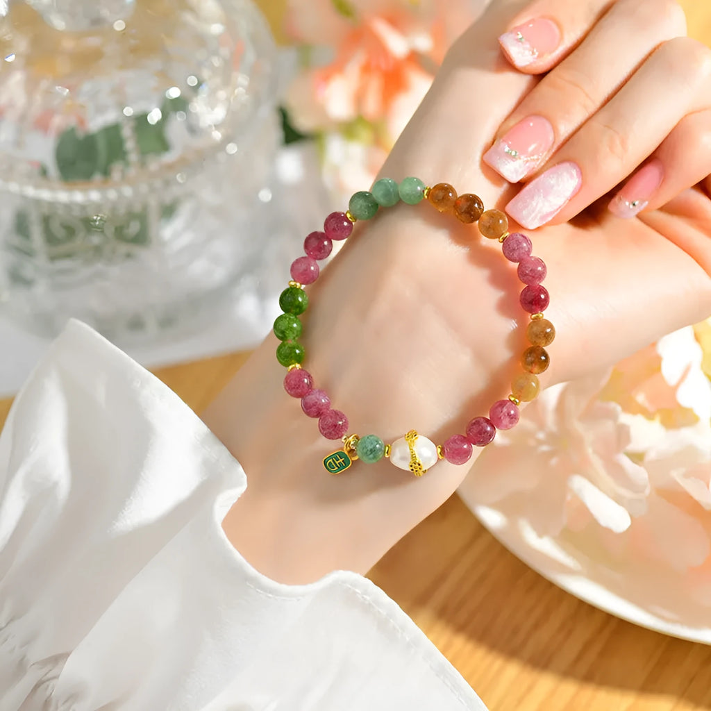 Geometric unisex bracelet made from chalcedony and tourmaline crystals, bead size 6.5mm.