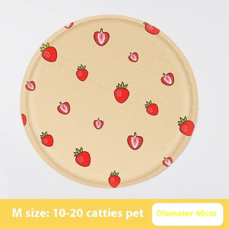 Round pet cooling mat with cartoon animal design for dogs in beige bunny pattern