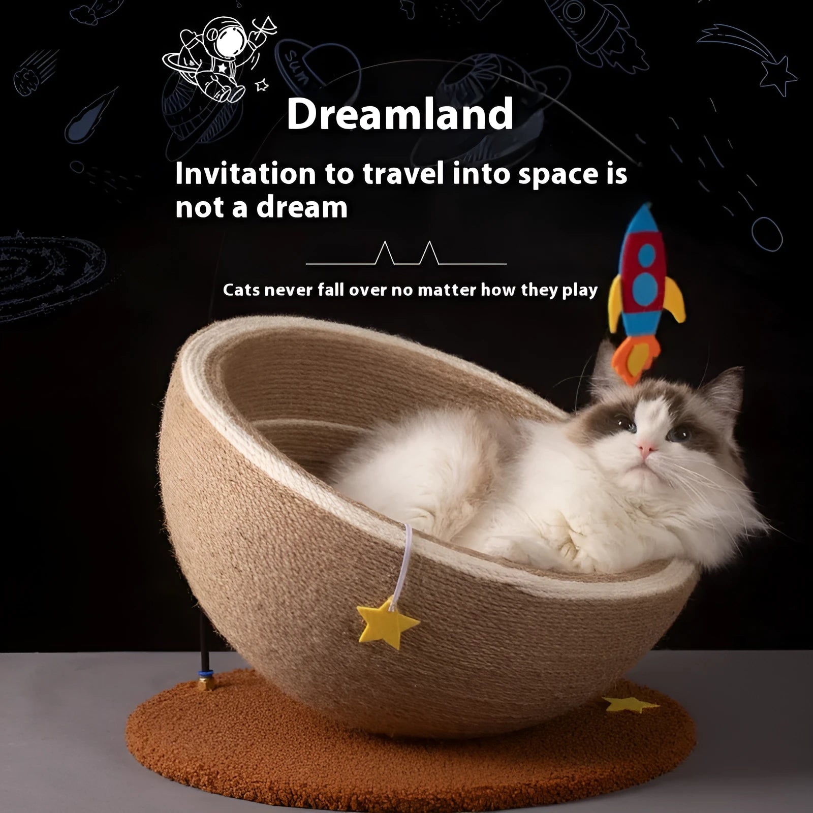 Large integrated cat scratching post and flannel-lined basin bed in starlight sisal nest colour