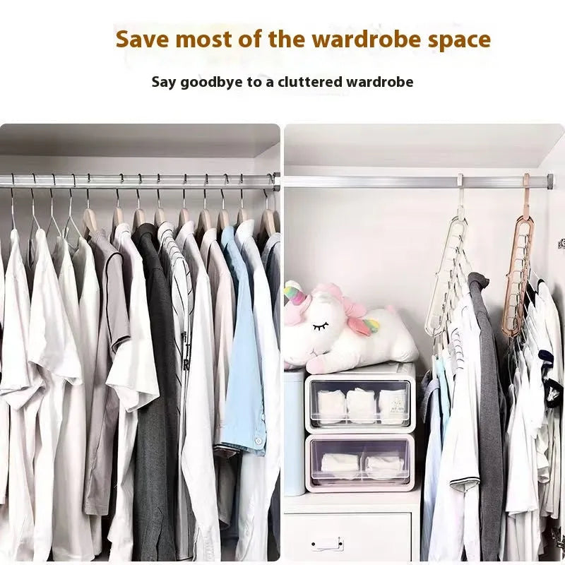 Green plastic nine-hole multifunctional clothes hanger for trousers on a white background.