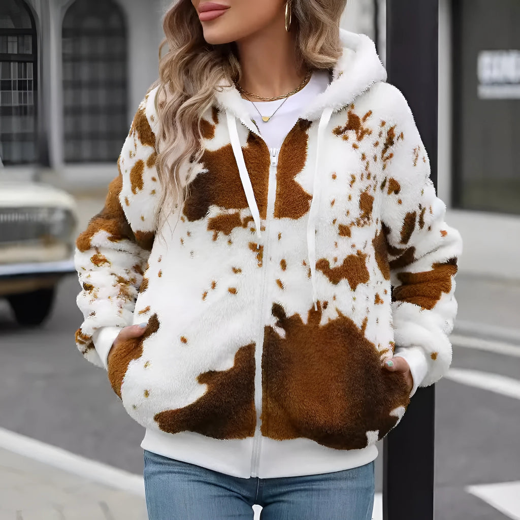Yellow brown cow animal print hooded cardigan jacket with front zipper