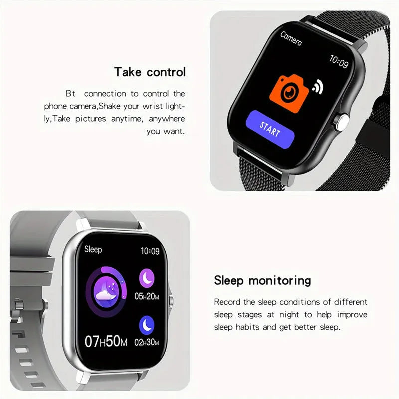 1.44-inch touchscreen smart watch with silicone strap showing Bluetooth calling and health monitoring features