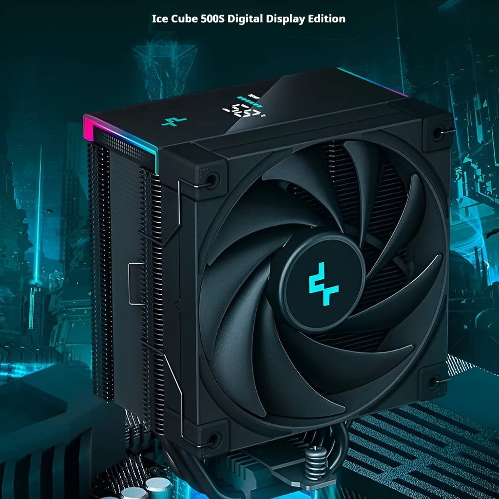 Twin tower air-cooled CPU heat sink with digital display, copper aluminium construction, 129x138x162mm, black colour