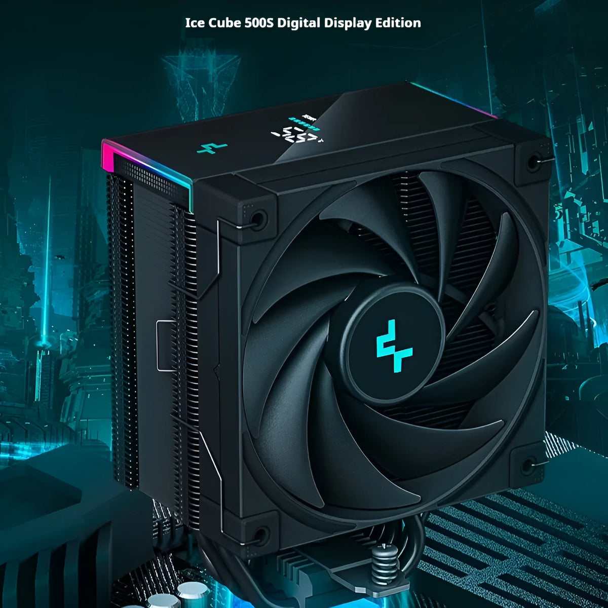 Twin tower air-cooled CPU heat sink with digital display, copper aluminium construction, 129x138x162mm, black colour
