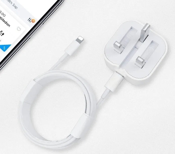 White 20W USB-C PD fast charger with UK plug and a choice of cable lengths.
