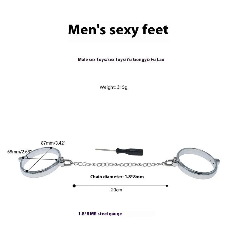 Silver zinc alloy handcuffs and footcuffs set with stainless steel detailing for adult role-play