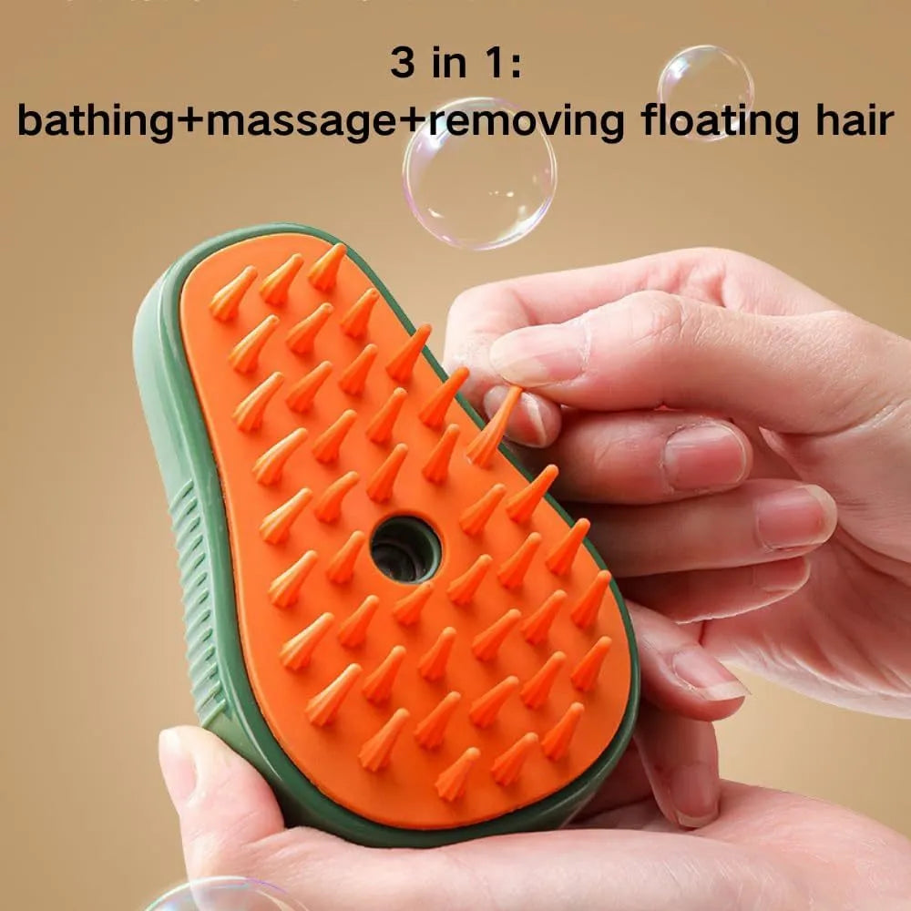 Green and white 3 in 1 cat steam brush with silicone bristles and water spray function for grooming pets.
