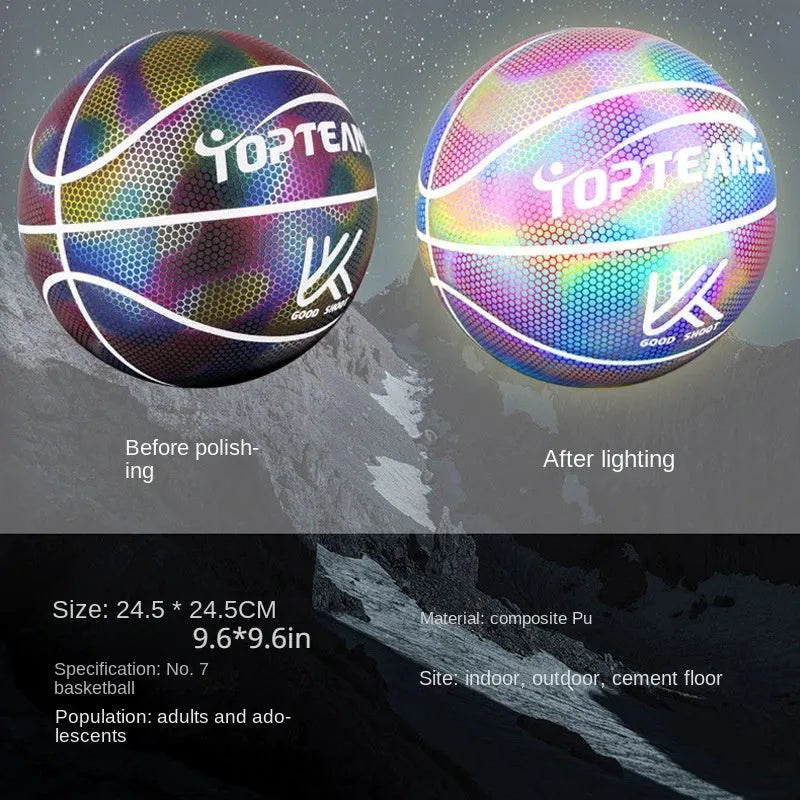 Holographic fluorescent reflective basketball glowing in low light