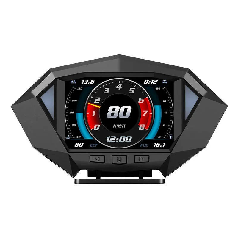 Black vehicle HUD head-up display unit with LCD screen, OBD cable, and anti-slip pad