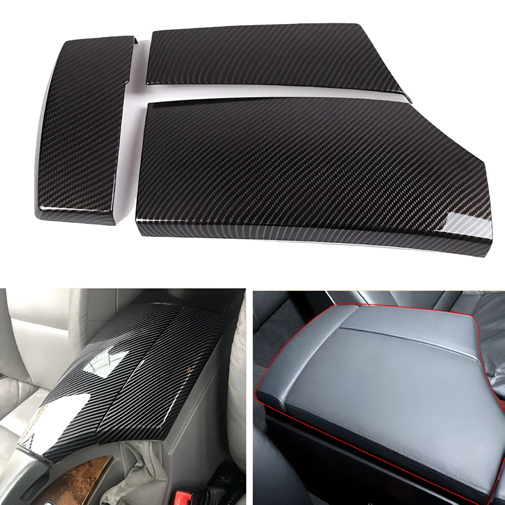 Three ABS plastic armrest protective covers with carbon fibre pattern design for vehicle centre consoles