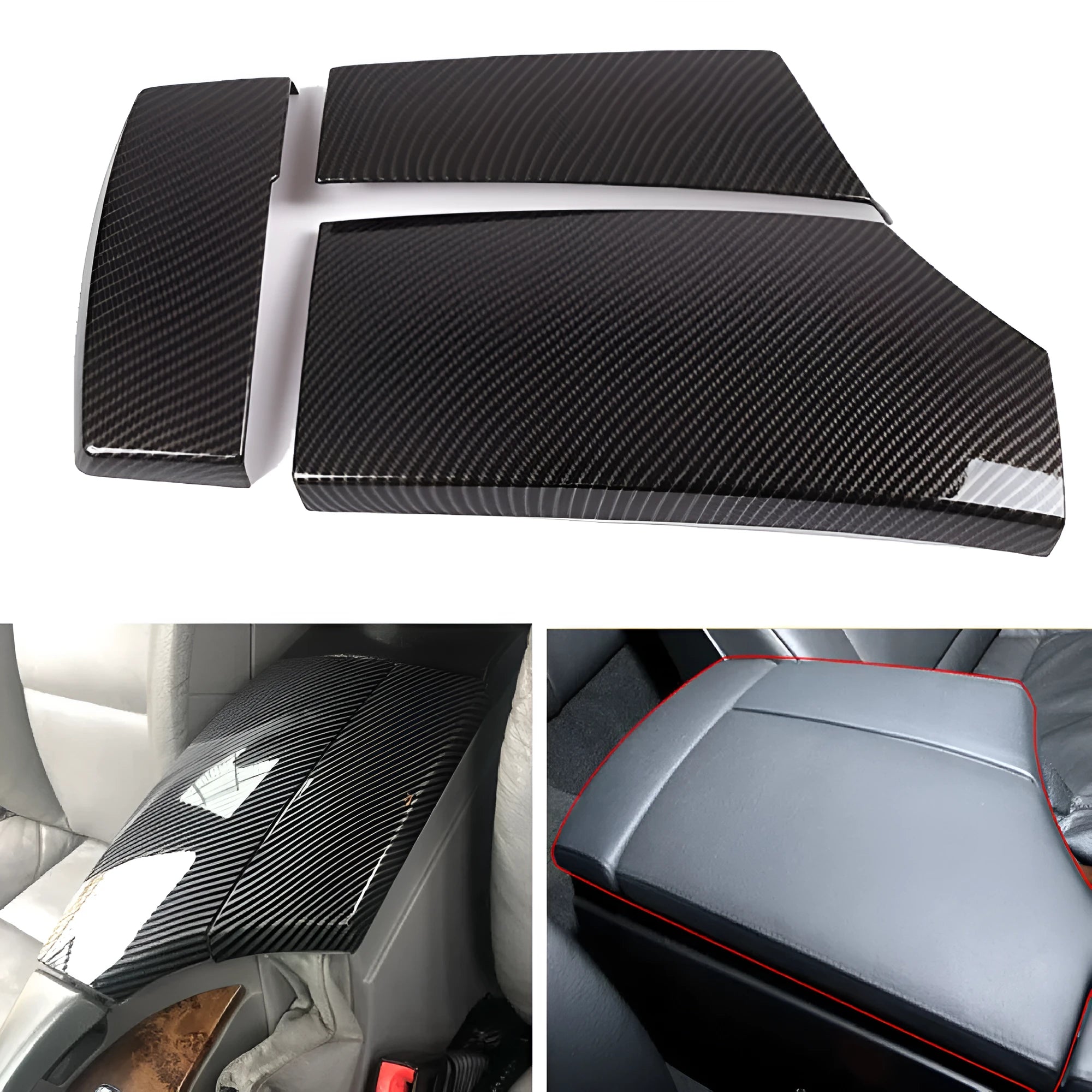 Three ABS plastic armrest protective covers with carbon fibre pattern design for vehicle centre consoles