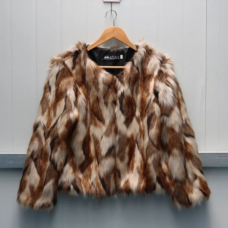 Korean slim-fitting women's faux fur coat in picture colour, shown with regular sleeves.