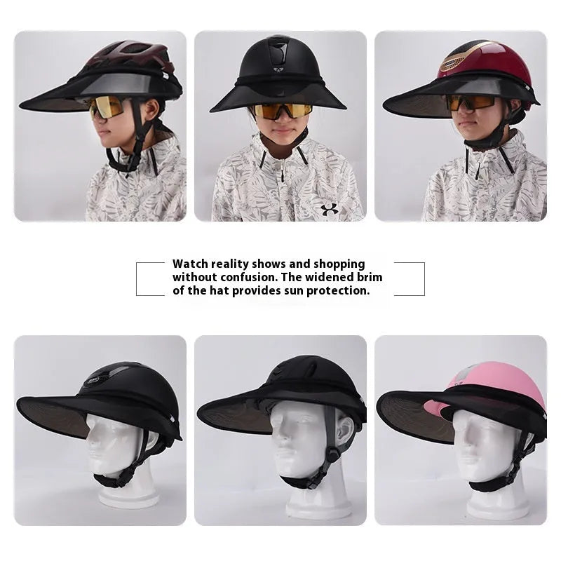 Outdoor riding helmet in black PVC with built-in sun visor, side view, sizes M and L