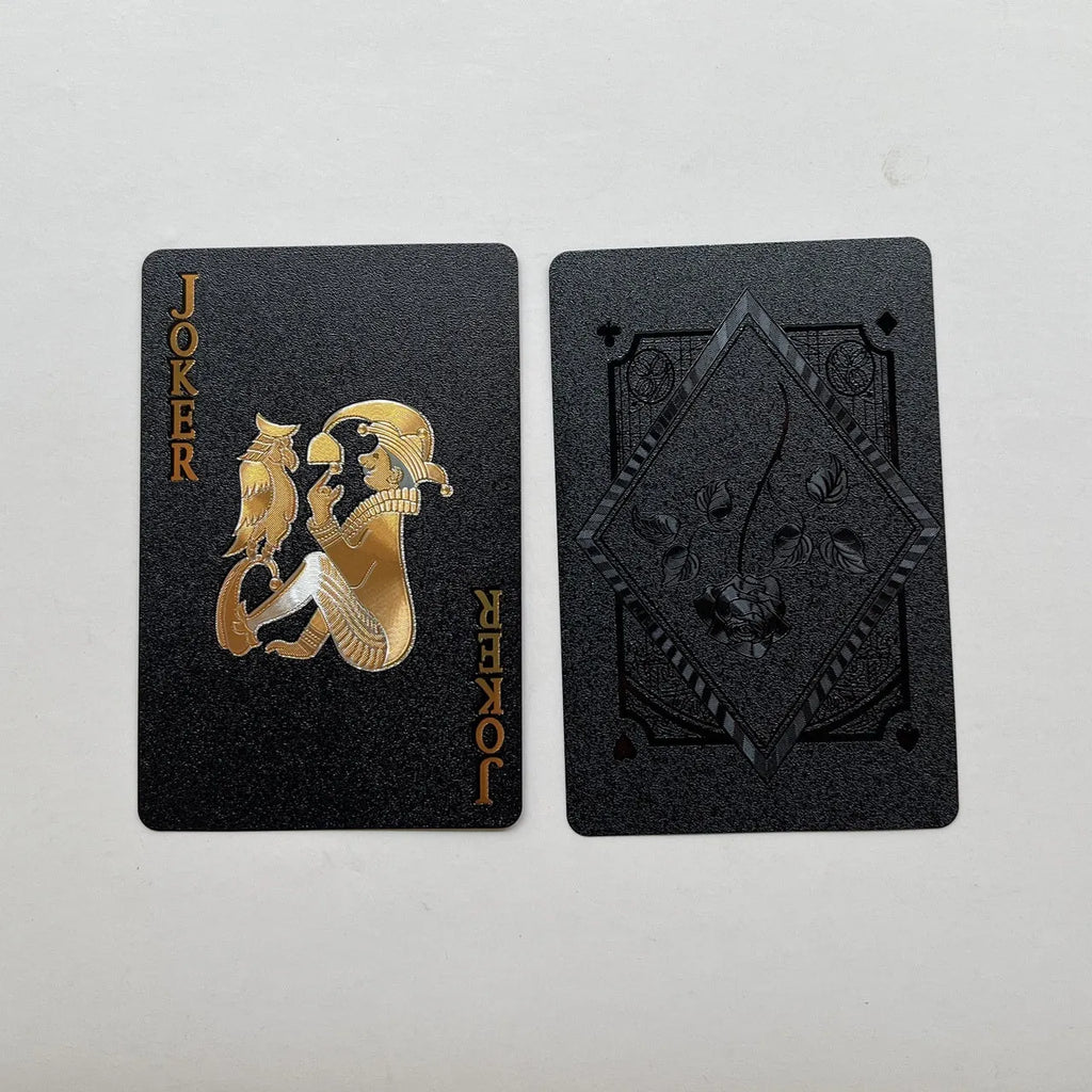 Gold foil playing cards with black rose design, 57x87mm size, metallic finish