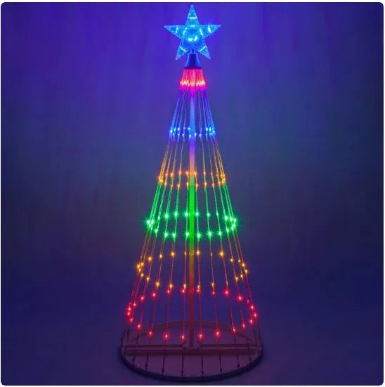 Multi colour LED animated outdoor Christmas tree lights showing 200 warm white lamps on 1.5m or 2m frame