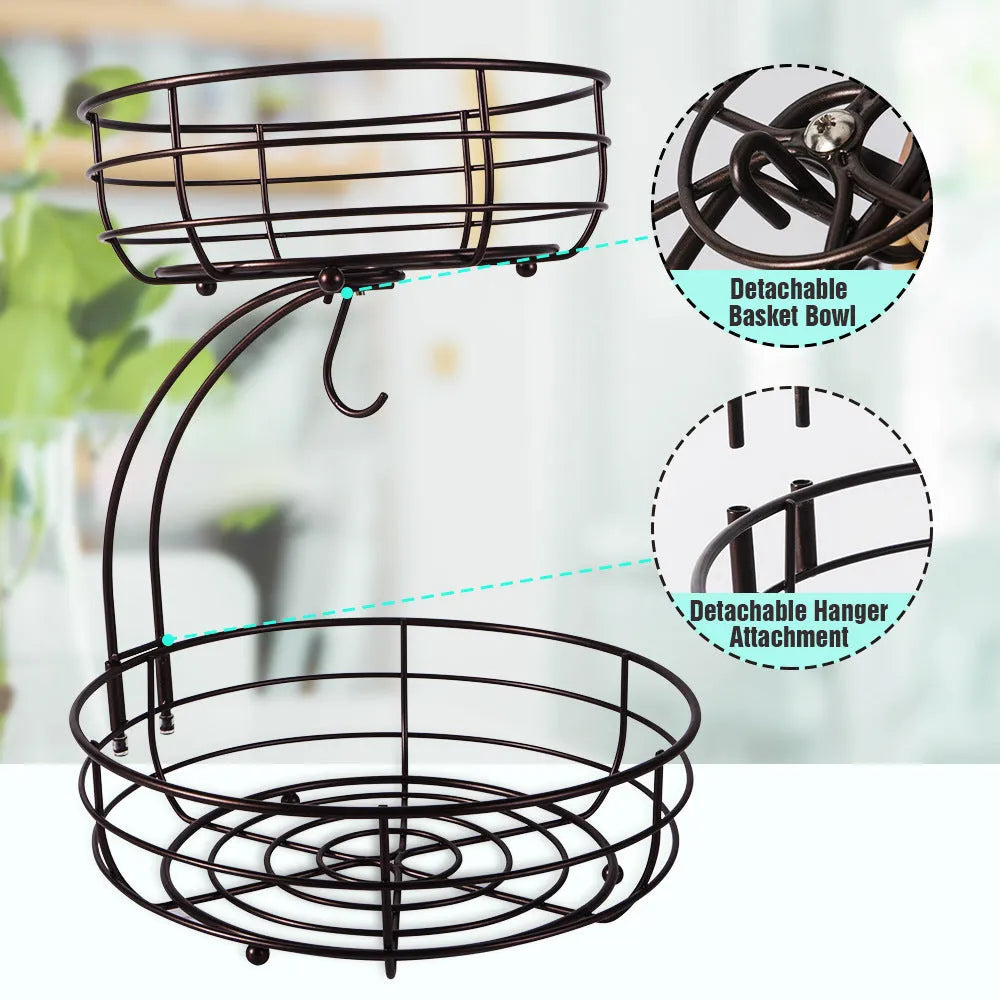 Black wrought iron double-layer fruit basket with two tiers for storing fruits and vegetables