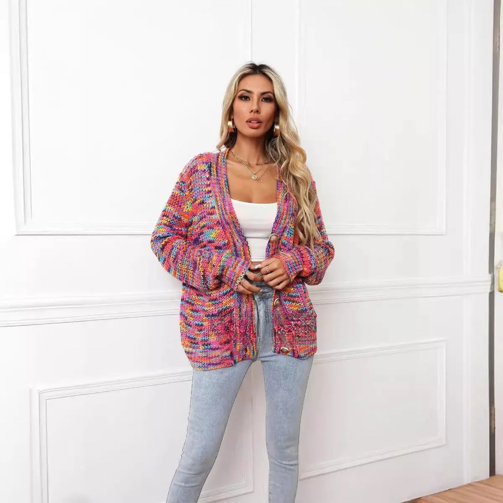 Rose red rainbow striped loose fit cardigan coat with regular sleeves on hanger