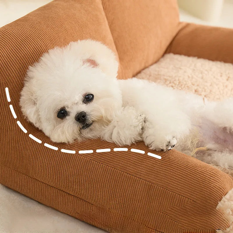 Grey and beige four-season dog kennel cushion mat shown in small, medium, and large sizes for pets.