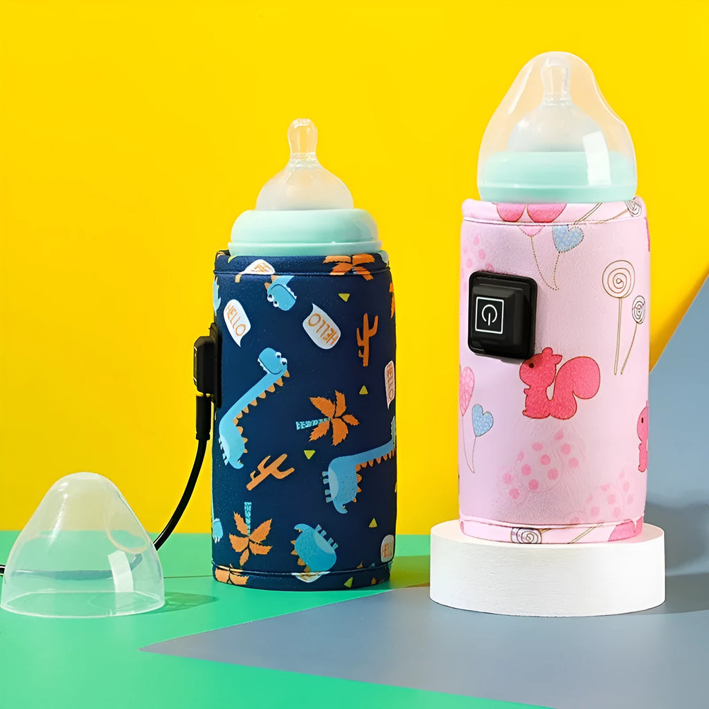 USB baby bottle insulation cover with thermostatic heating in composite velvet material with dinosaur design
