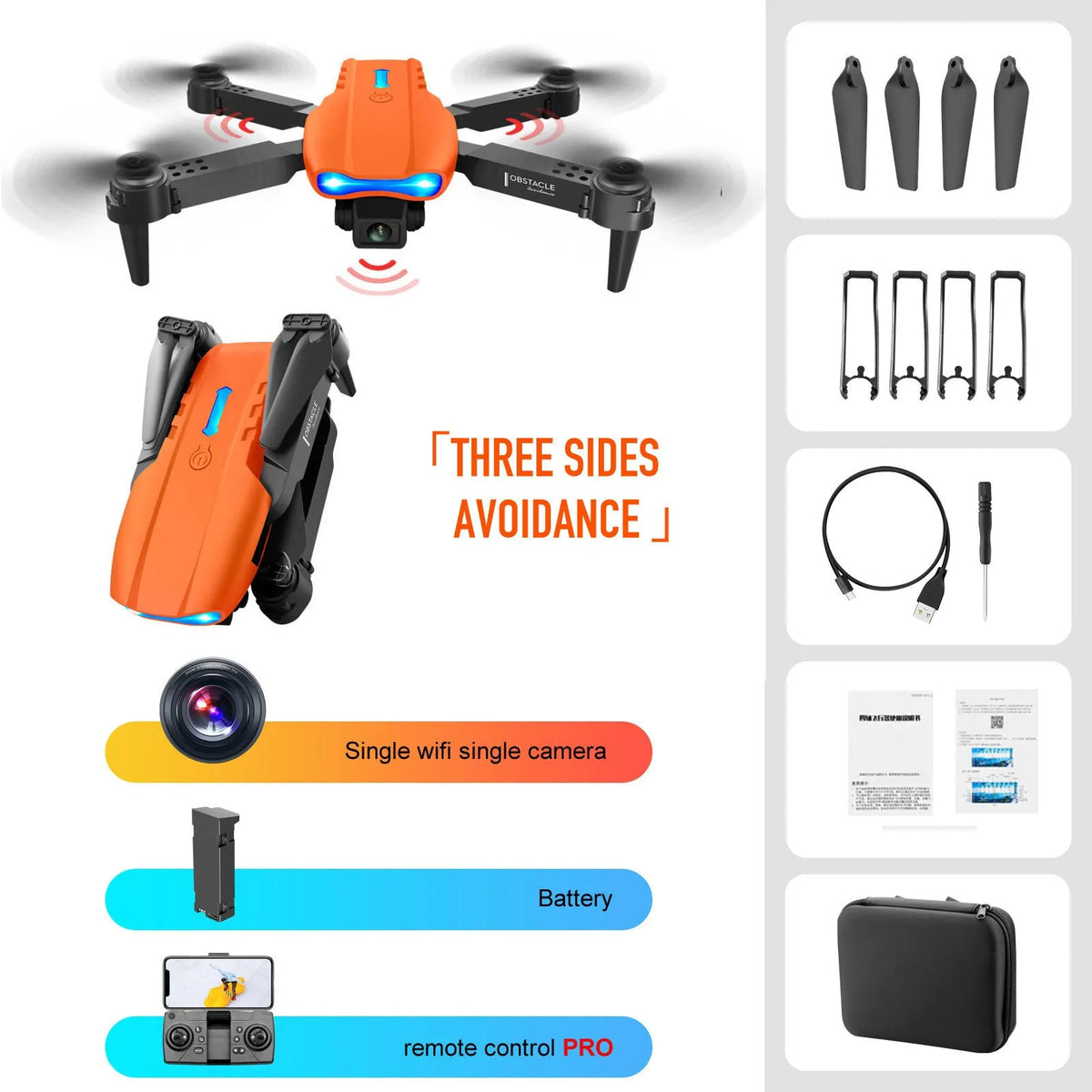 Black 4K dual camera drone with three-sided obstacle avoidance and foldable design