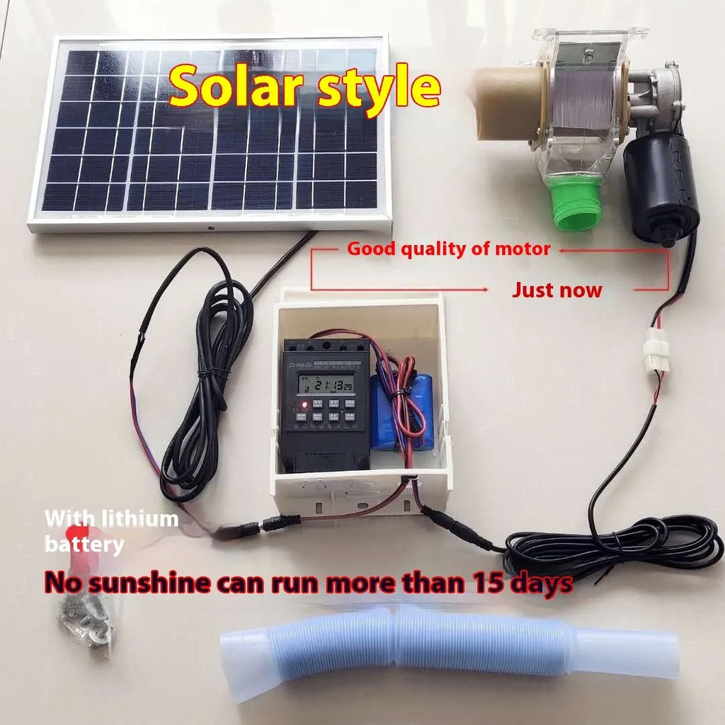 Solar-powered automatic chicken feeding device with timer and watertight outdoor construction