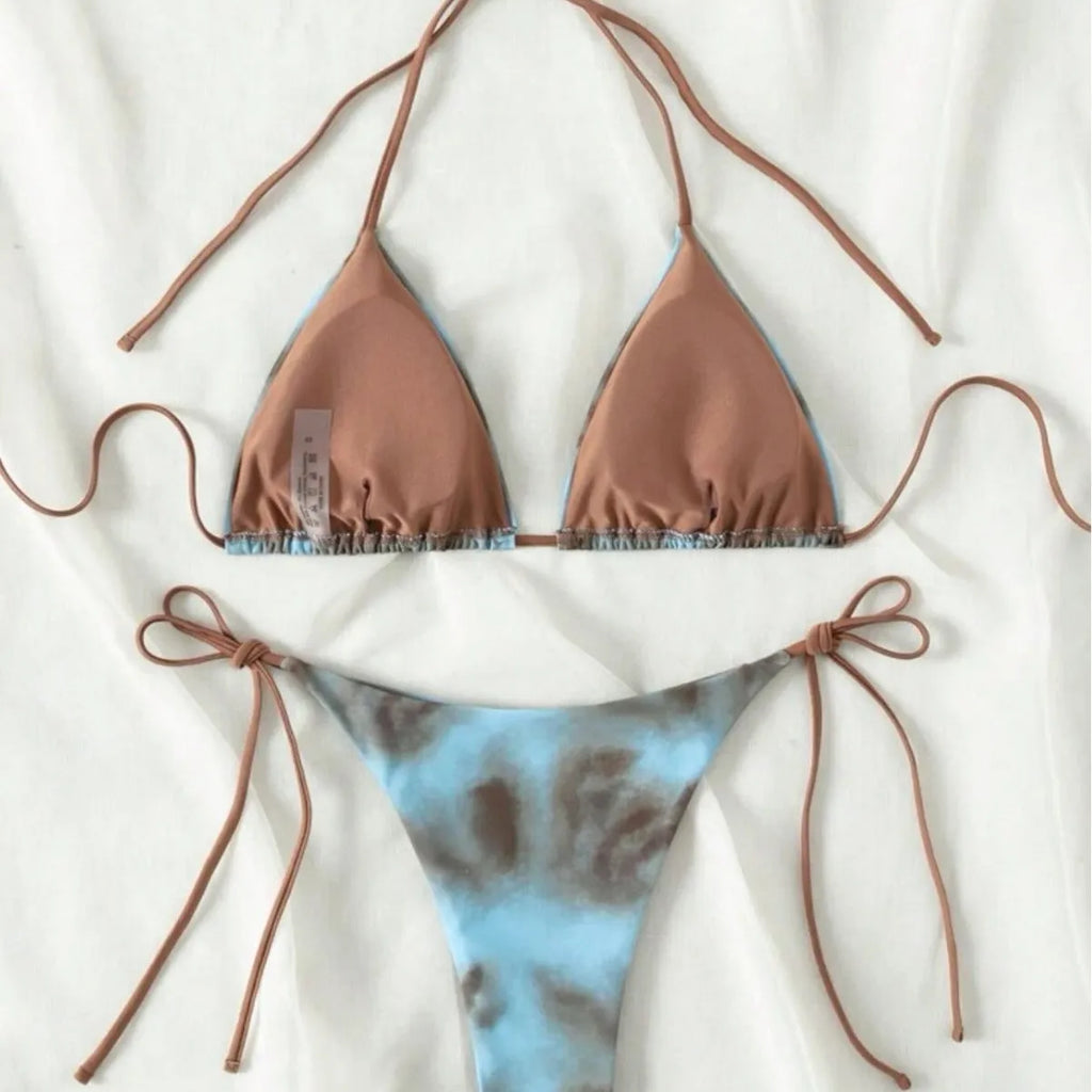 Women's two-piece lacing bikini set in brown and yellow polyester fabric